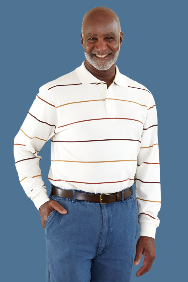 Men's Long Sleeve Polo Shirt by Buck & Buck in Tan/Beige Stripes, and available in different sizes. This tops item is part of our polos collection.