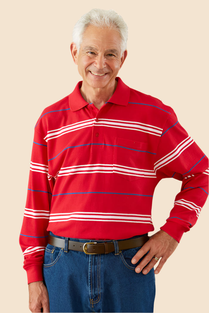 Men's Long Sleeve Polo Shirt by Buck & Buck in Red Stripes, and available in different sizes. This tops item is part of our polos collection.