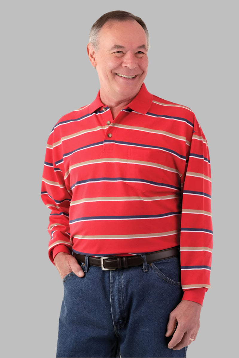 Men's Long Sleeve Polo Shirt by Buck & Buck in Red Stripes, and available in different sizes. This tops item is part of our polos collection.