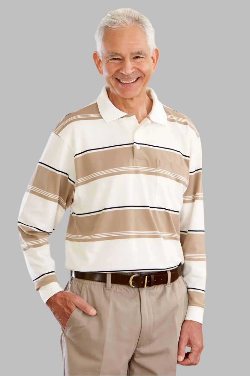 Men's Long Sleeve Polo Shirt by Buck & Buck in Tan/Beige Stripes, and available in different sizes. This tops item is part of our polos collection.