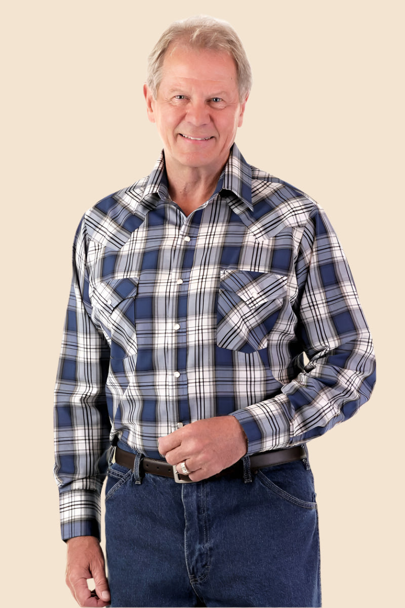 Men's Long Sleeve Western Shirt by Buck & Buck in Navy, and available in different sizes. This tops item is part of our shirts collection.