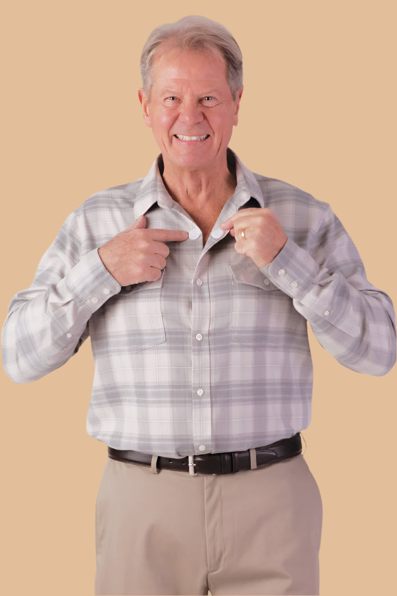 Two Pocket Plaid Shirt With VELCRO® Fasteners for men by Buck & Buck in Gray, and available in different sizes. This tops item is part of our shirts collection.