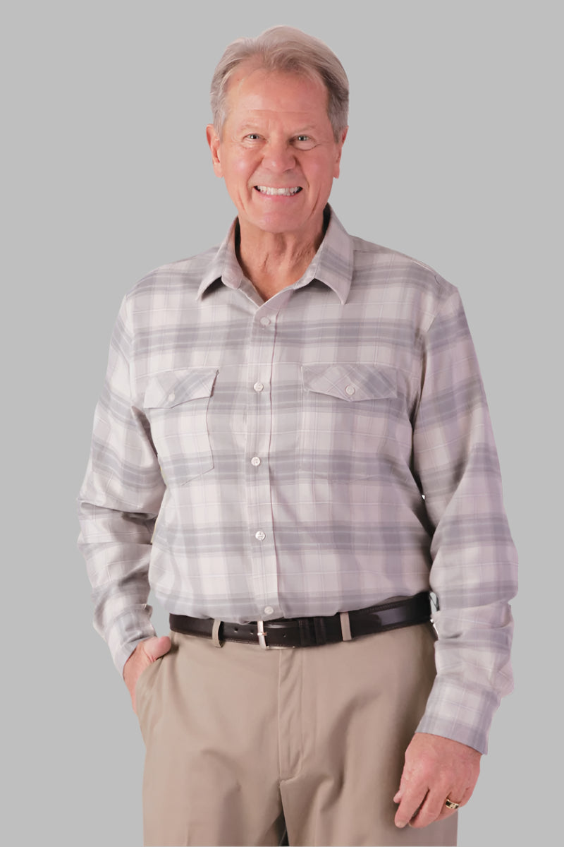 Two Pocket Plaid Shirt With VELCRO® Fasteners for men by Buck & Buck in Gray, and available in different sizes. This tops item is part of our shirts collection.