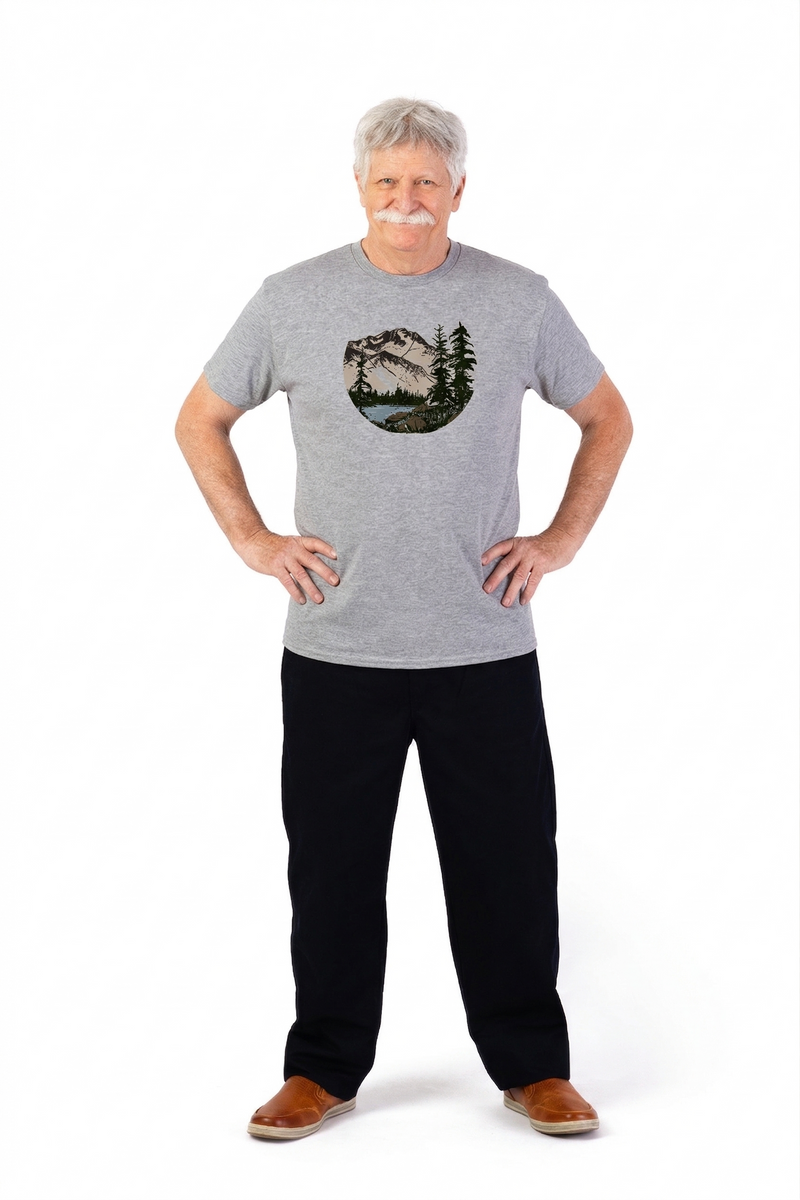 Men's Short Sleeve Printed T-Shirt by Buck & Buck in gray mountains, and available in different sizes. This tops item is part of our t-shirts collection.