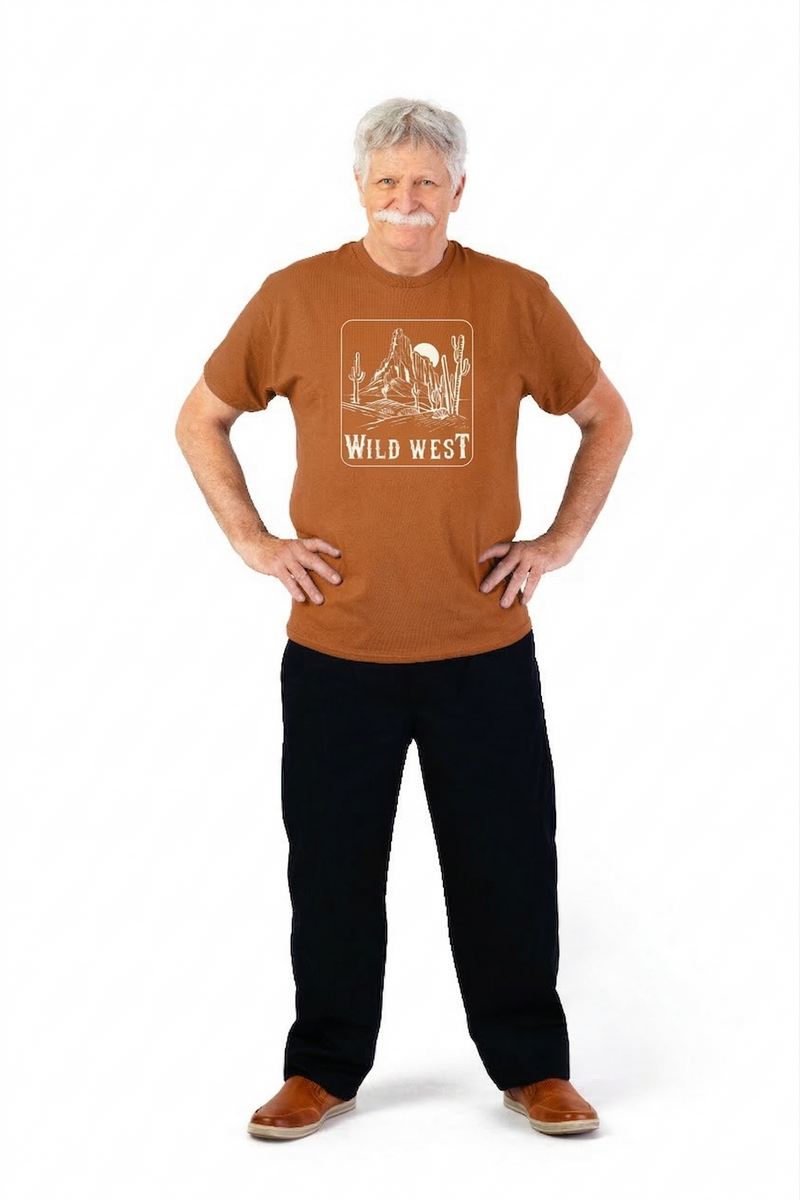 Men's Short Sleeve Printed T-Shirt by Buck & Buck in Orange Wild West, and available in different sizes. This tops item is part of our t-shirts collection.