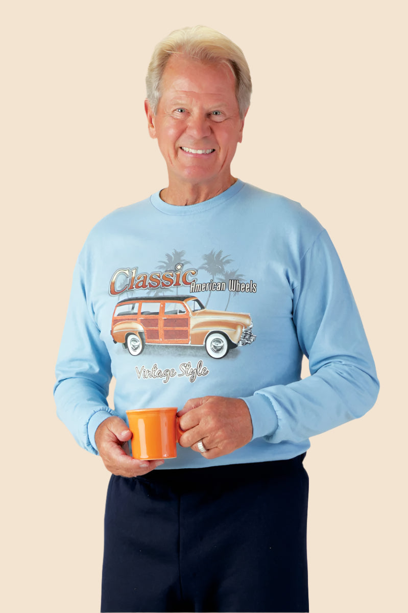 Men's Long Sleeve Printed T-Shirt by Buck & Buck in Light Blue/Cars Print, and available in different sizes. This tops item is part of our t-shirts collection.