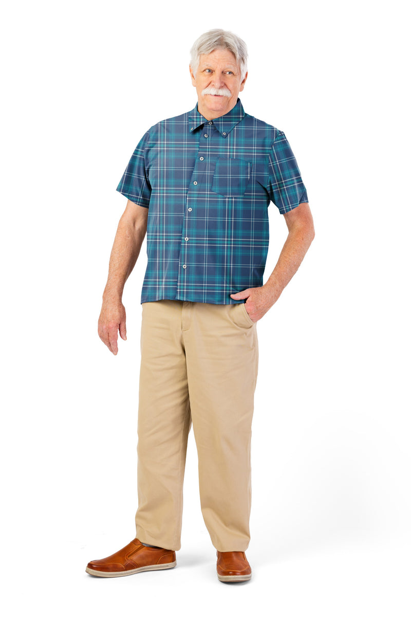 Men's Short Sleeve VELCRO® Button Down by Buck & Buck in Blue, and available in different sizes. This tops item is part of our shirts collection.