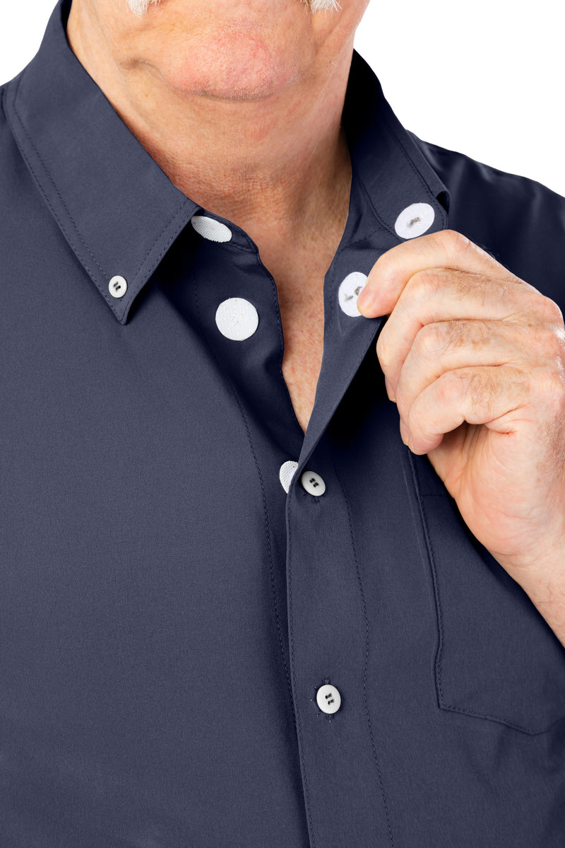 Men's Short Sleeve VELCRO® Button Down by Buck & Buck in Navy, and available in different sizes. This tops item is part of our shirts collection.