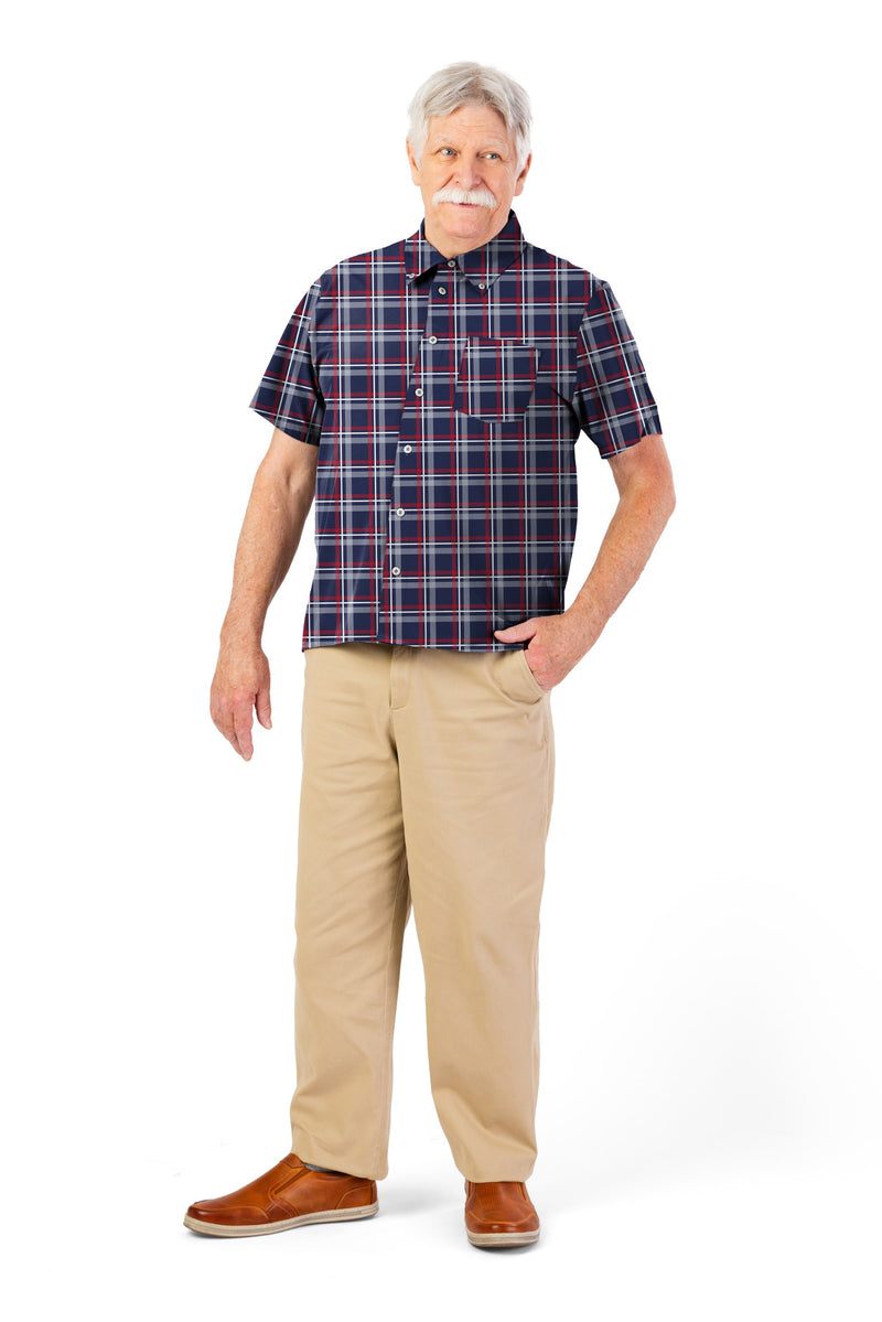 Men's Short Sleeve VELCRO® Button Down by Buck & Buck in RWB, and available in different sizes. This tops item is part of our shirts collection.