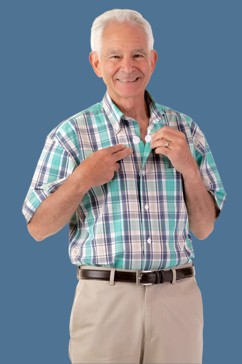 Short Sleeve Sport Shirt With VELCRO® Fasteners for men by Buck & Buck in Tan/Beige, and available in different sizes. This tops item is part of our shirts collection.