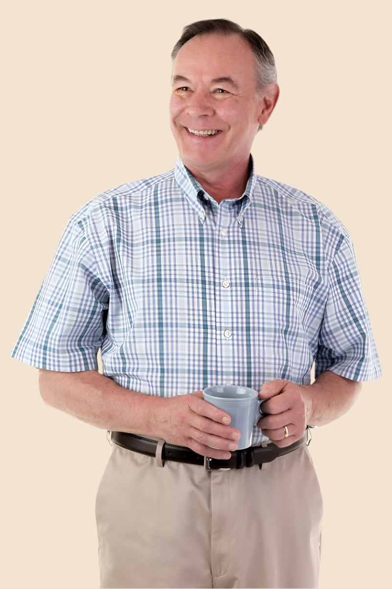 Short Sleeve Sport Shirt With VELCRO® Fasteners for men by Buck & Buck in Tan/Beige, and available in different sizes. This tops item is part of our shirts collection.