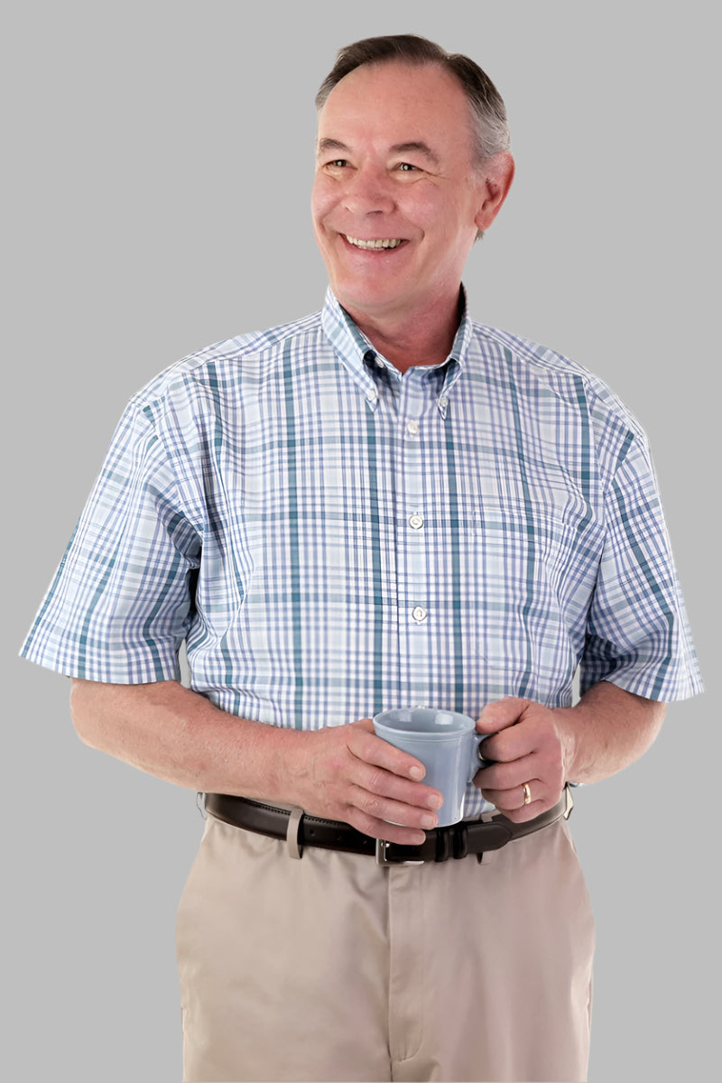 Men's Short-Sleeve Snap Back Sport Shirt by Buck & Buck in Tan/Beige, and available in different sizes. This tops item is part of our shirts collection.