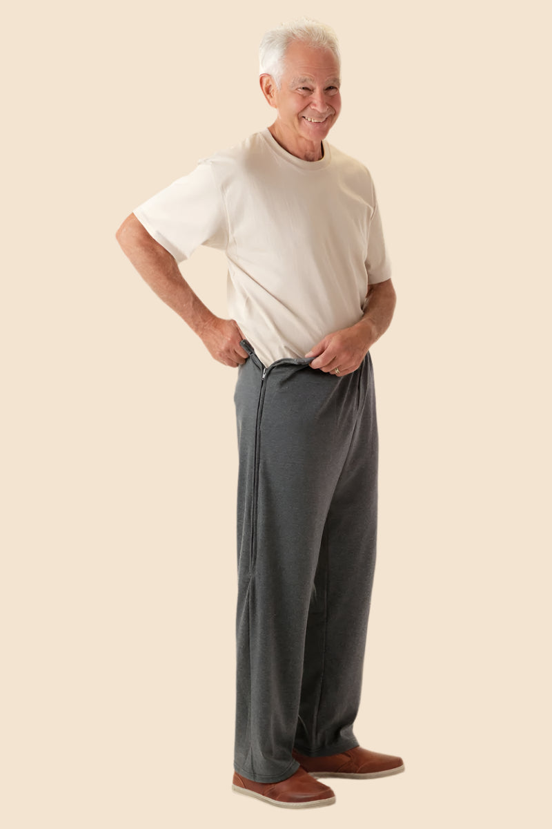 Men's Side-Zip Light-Weight Knit Pants by Buck & Buck in Charcoal, and available in different sizes. This bottoms item is part of our trousers collection.
