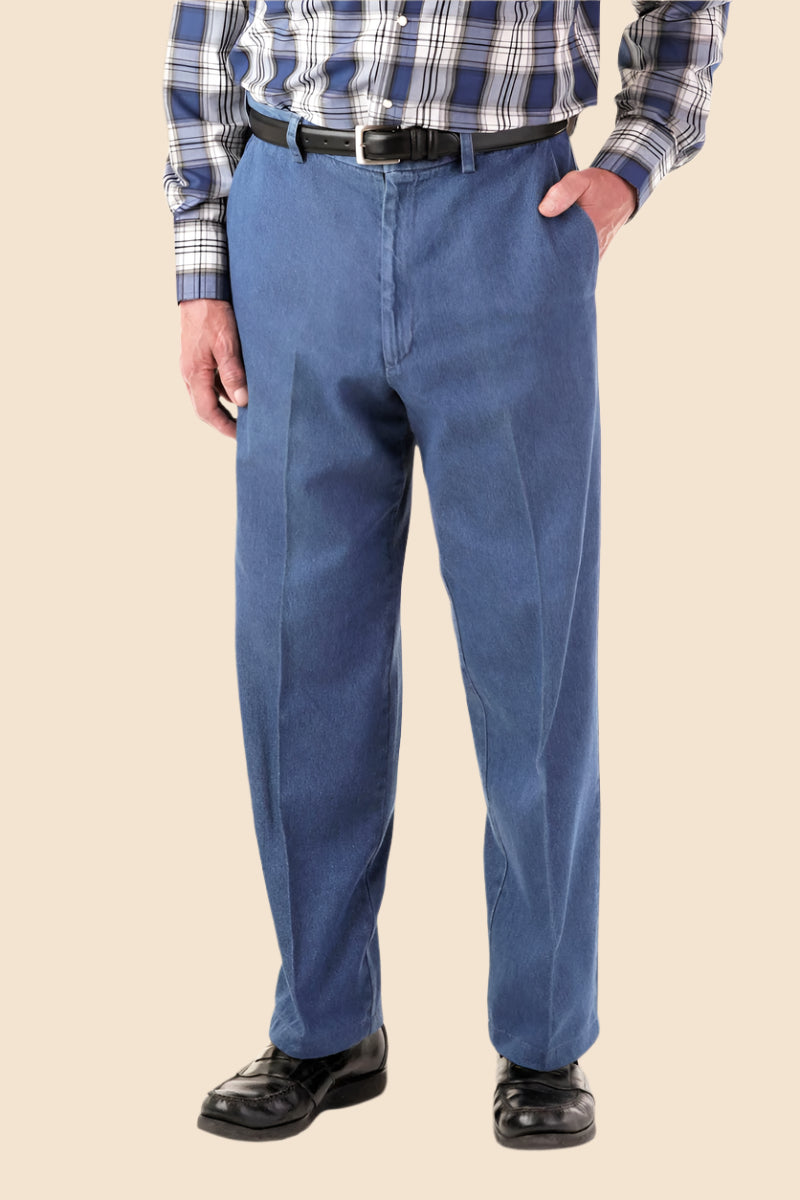 Men's Denim Slacks With VELCRO® Fasteners Fly by Buck & Buck in Denim, and available in different sizes. This bottoms item is part of our trousers collection.