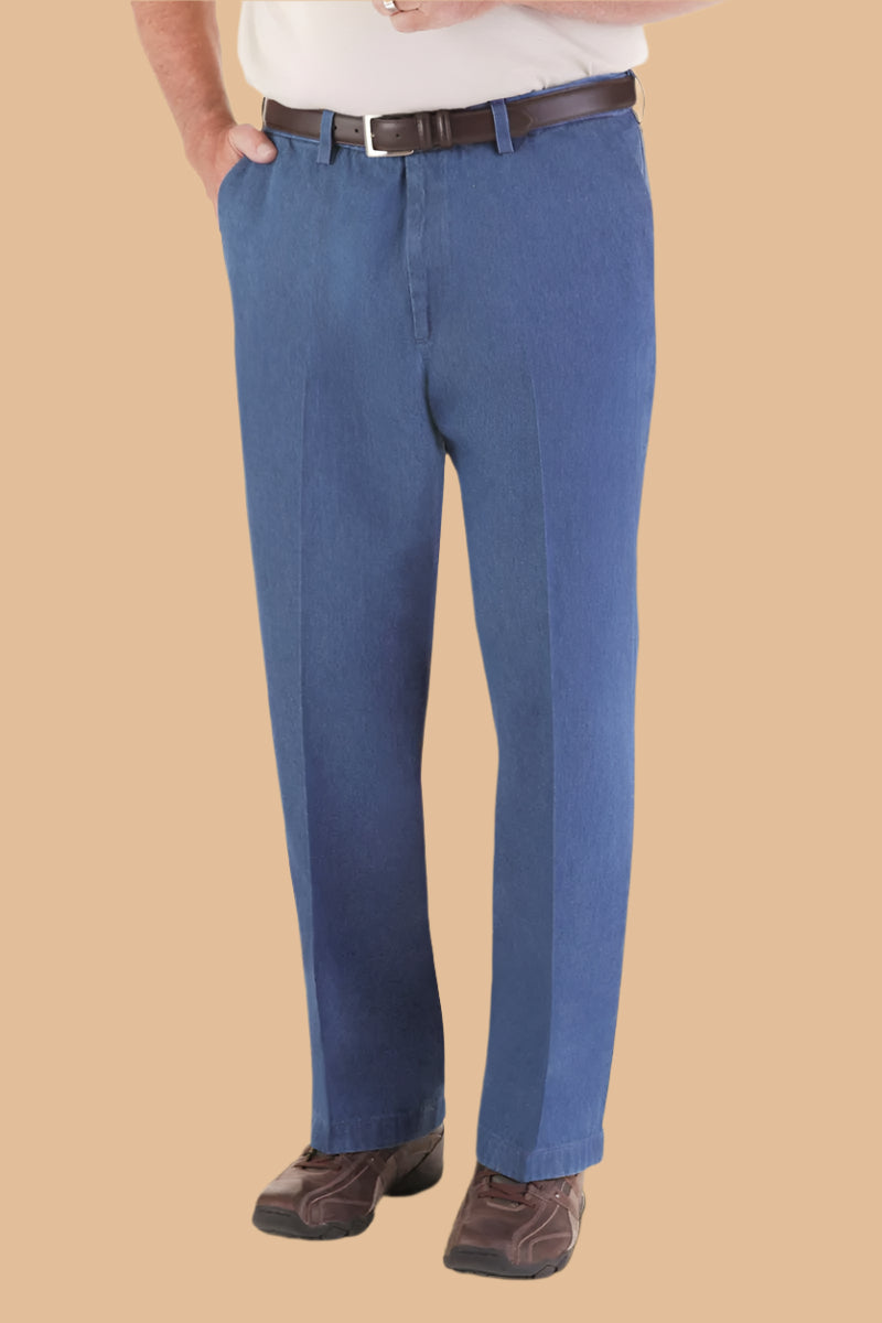Men's Denim Slacks With VELCRO® Fasteners Fly by Buck & Buck in Denim, and available in different sizes. This bottoms item is part of our trousers collection.