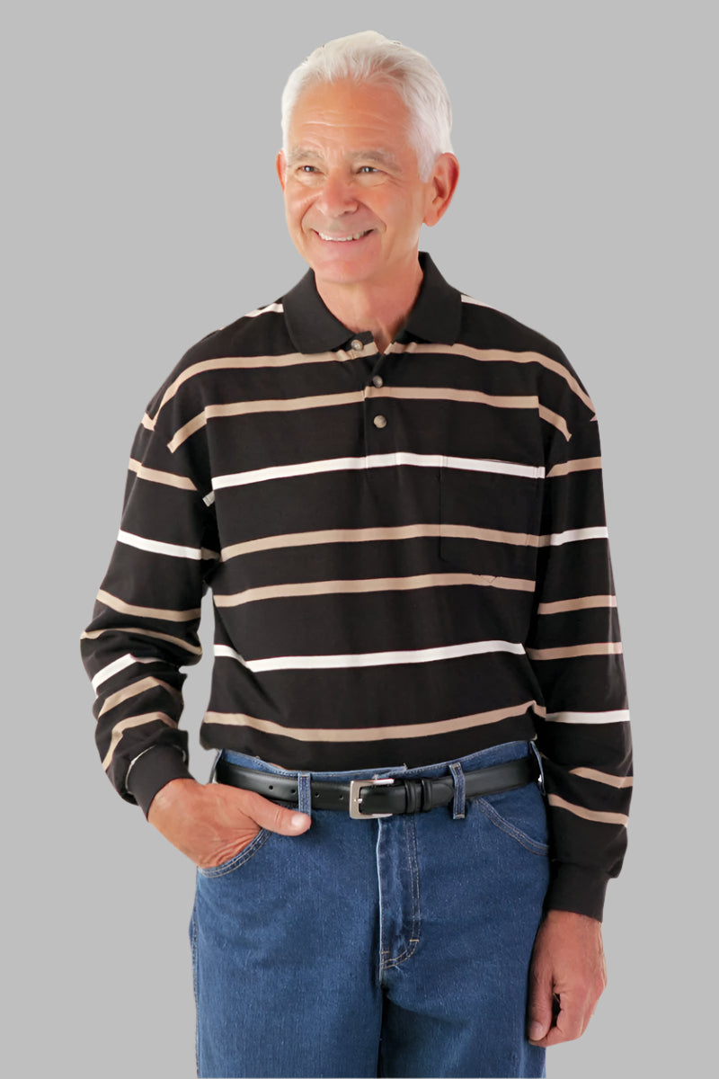 Men's Long-Sleeve Snap Back Polo Shirt by Buck & Buck in Black, and available in different sizes. This tops item is part of our polos collection.