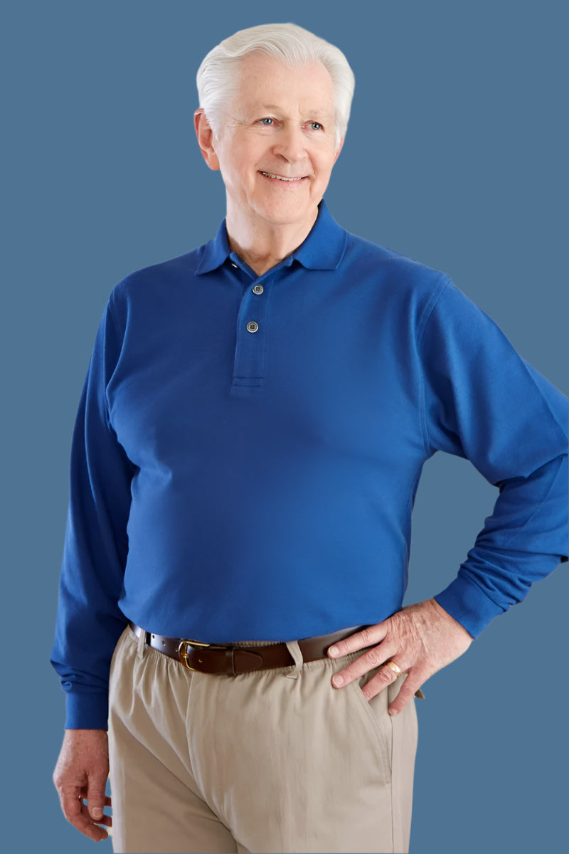 Men's Long-Sleeve Snap Back Polo Shirt by Buck & Buck in Tan/Beige, and available in different sizes. This tops item is part of our polos collection.