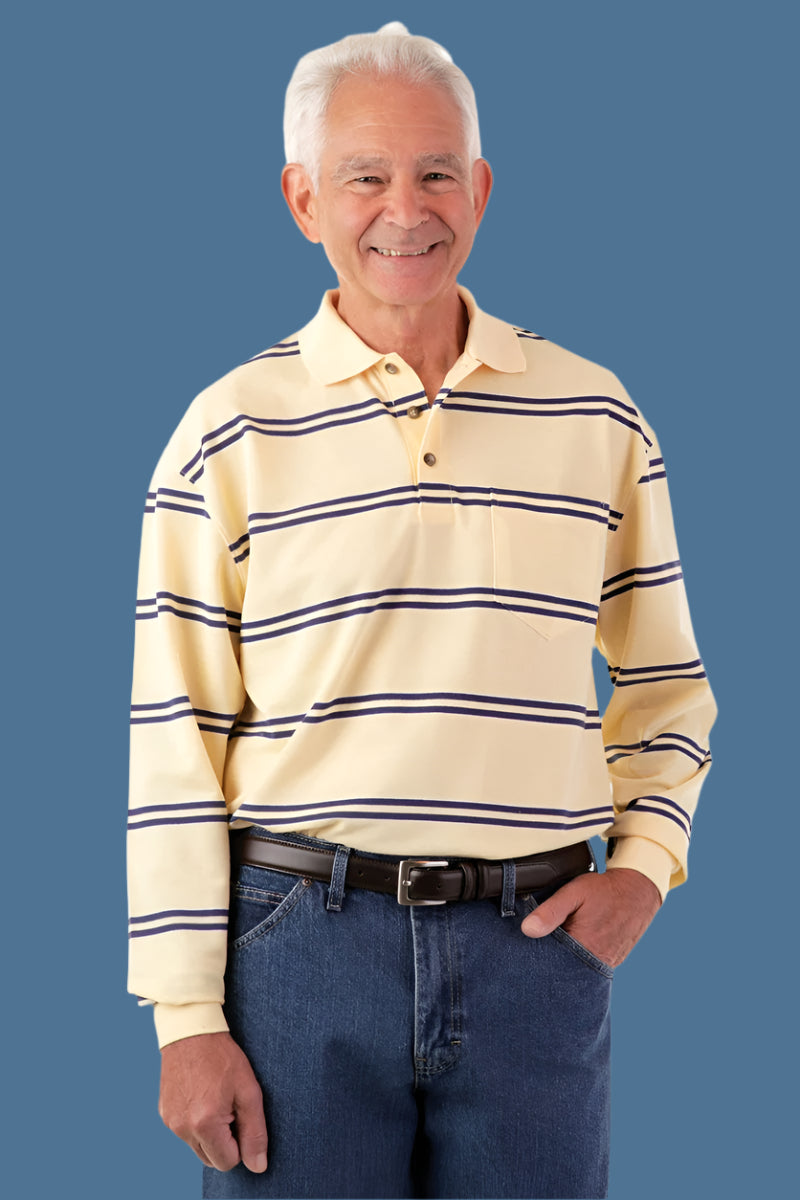 Men's Long-Sleeve Snap Back Polo Shirt by Buck & Buck, and available in different sizes. This tops item is part of our polos collection.