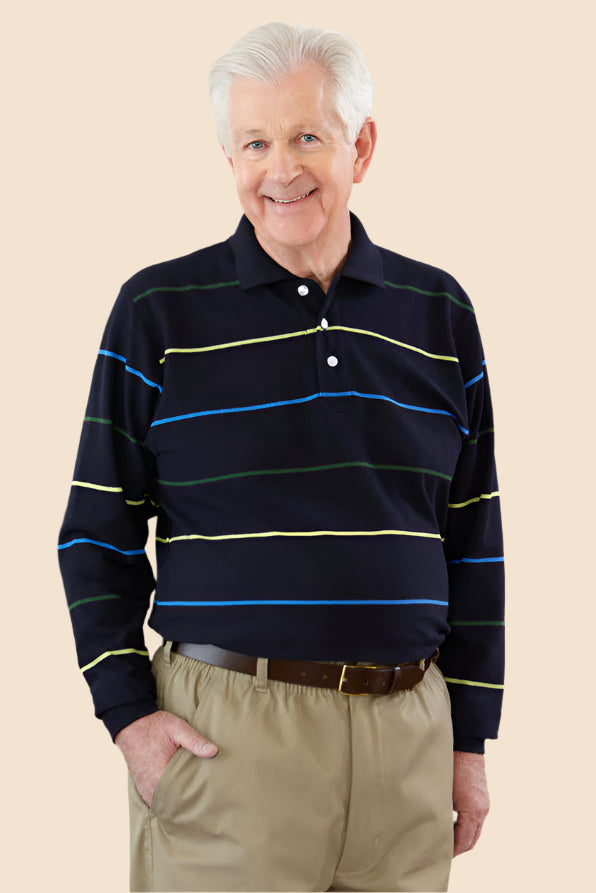 Men's Long-Sleeve Snap Back Polo Shirt by Buck & Buck in Black, and available in different sizes. This tops item is part of our polos collection.