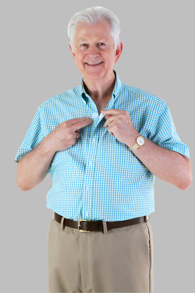 Short Sleeve Gingham Shirt With VELCRO® Fasteners for men by Buck & Buck in Blue, and available in different sizes. This tops item is part of our shirts collection.