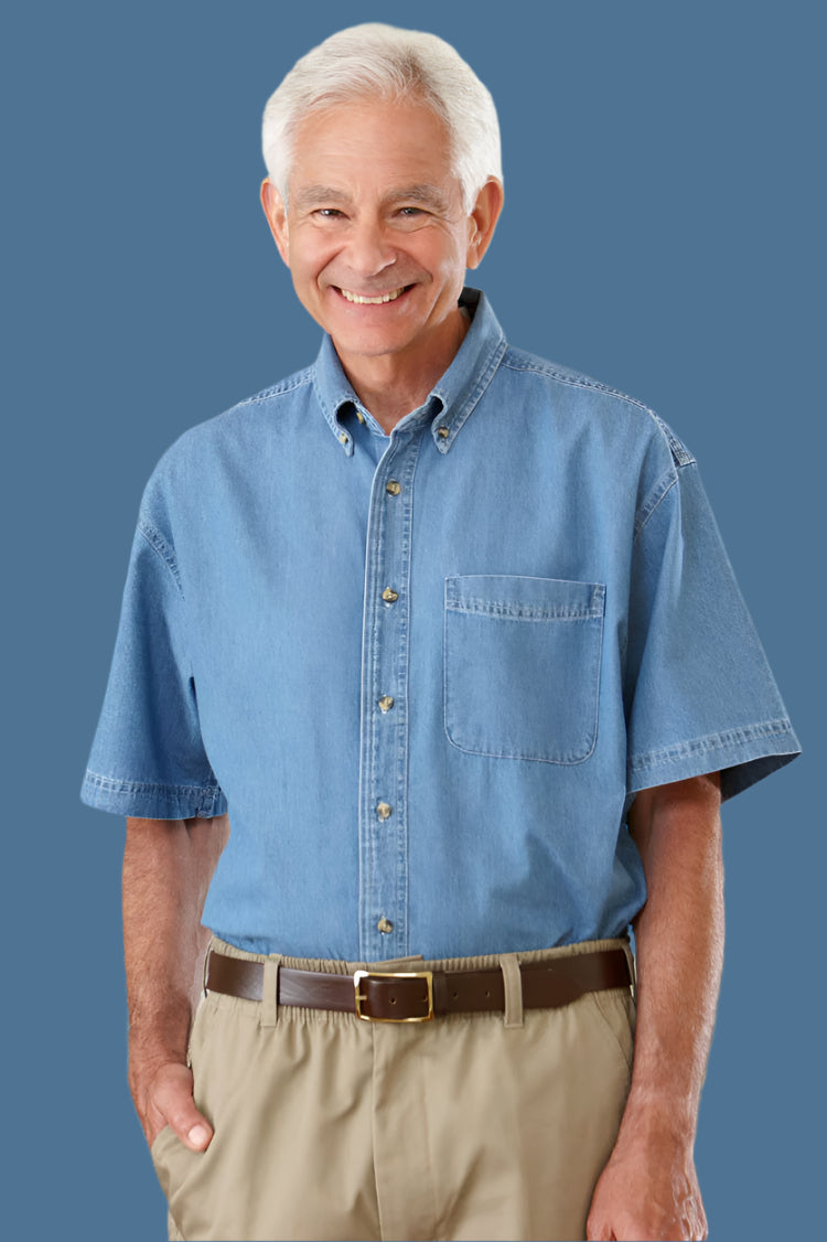 Men's Short Sleeve Denim Shirt With VELCRO® Fasteners by Buck & Buck in Denim, and available in different sizes. This tops item is part of our shirts collection.