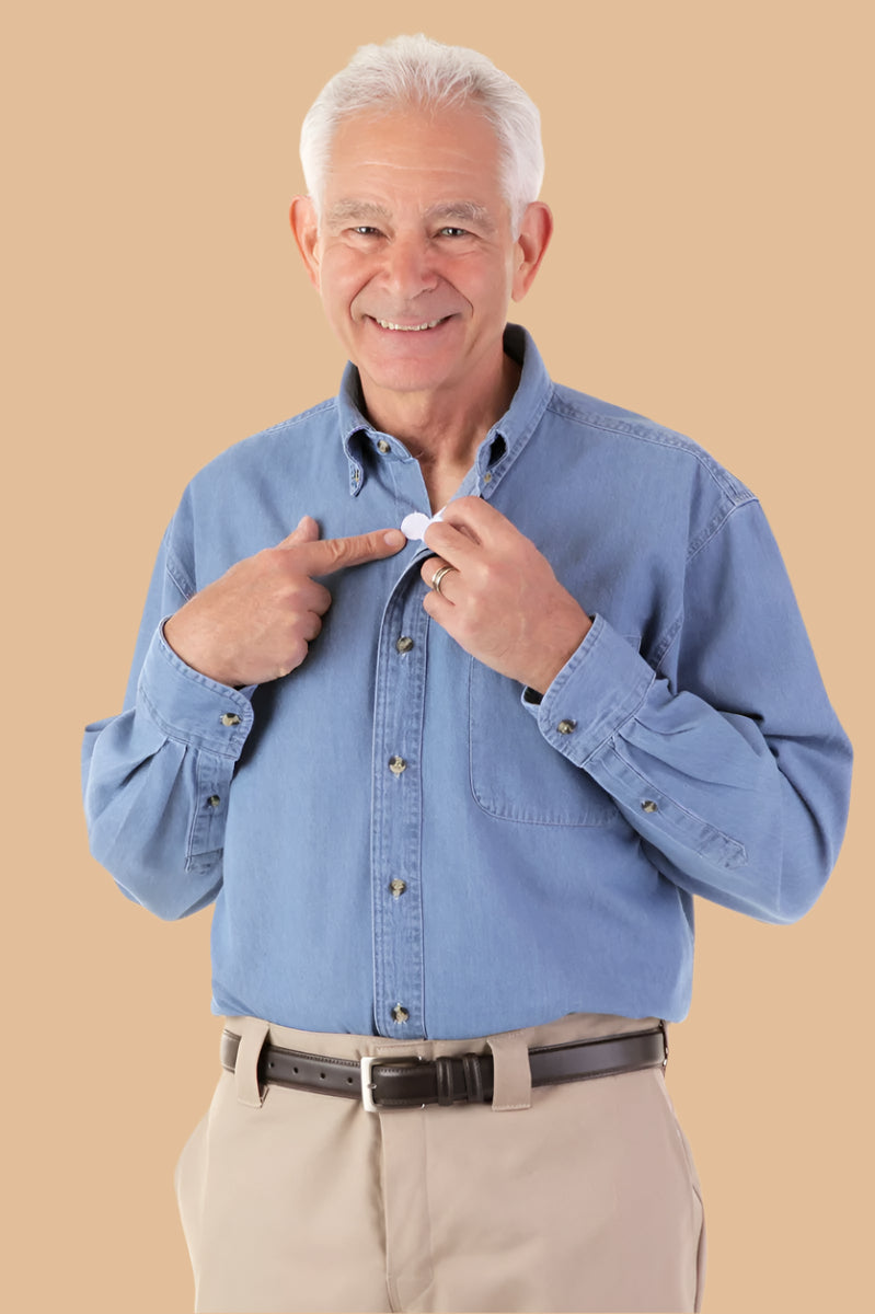 Men's Long Sleeve Denim Shirt With VELCRO® Fasteners by Buck & Buck in Denim, and available in different sizes. This tops item is part of our shirts collection.