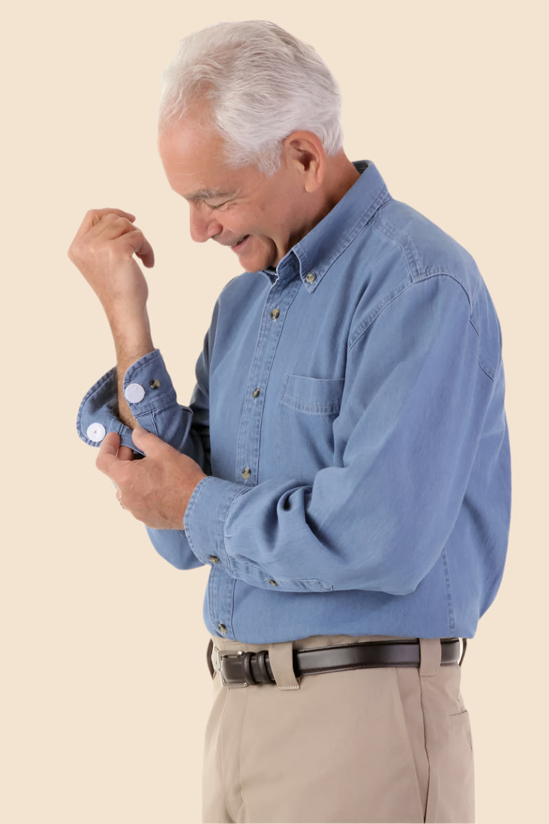 Men's Long Sleeve Denim Shirt With VELCRO® Fasteners by Buck & Buck in Denim, and available in different sizes. This tops item is part of our shirts collection.