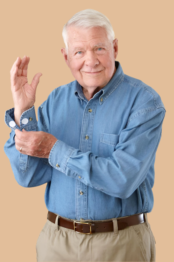 Men's Long Sleeve Denim Shirt With VELCRO® Fasteners by Buck & Buck in Denim, and available in different sizes. This tops item is part of our shirts collection.