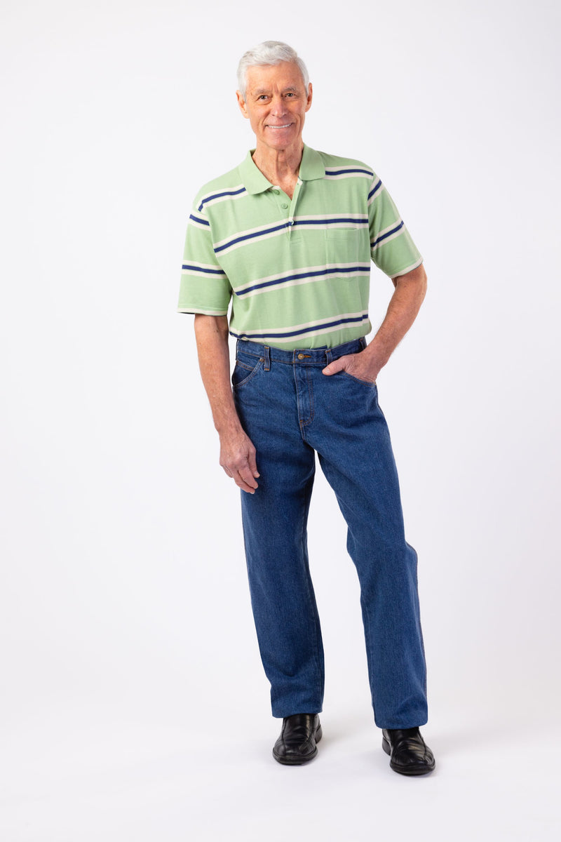 5 Pocket Jeans With VELCRO® Fastener Fly for men by Buck & Buck in Denim, and available in different sizes. This bottoms item is part of our jeans collection.