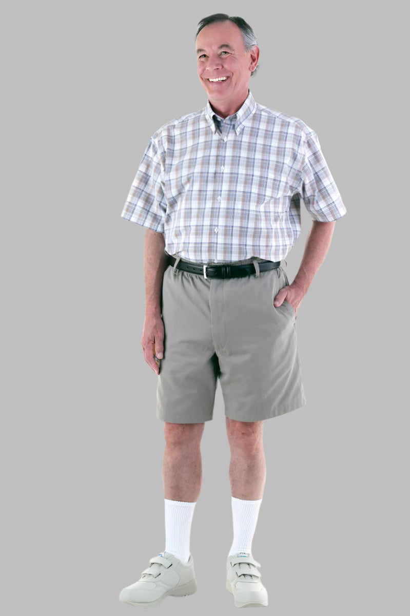 Men's Elastic Waist Zip-Fly Shorts by Buck & Buck, and available in different sizes. This bottoms item is part of our chino shorts collection.