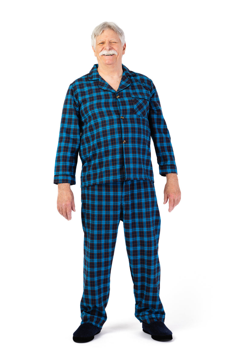 Men's Flannel Pajamas With VELCRO® Fasteners at Front by Foxfire in blue and available in different sizes. This men's pajama set is part of our sleepwear collection.