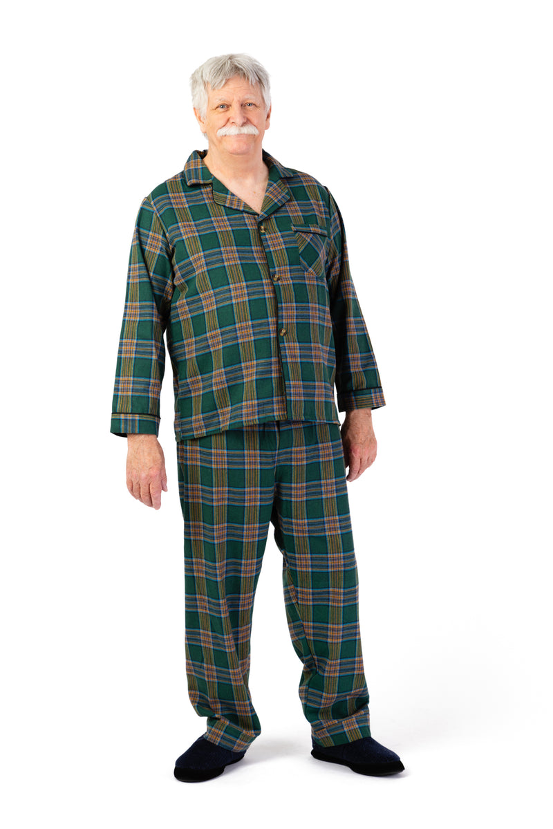 Men's Flannel Pajamas With VELCRO® Fasteners at Front by Foxfire in green and available in different sizes. This men's pajama set is part of our sleepwear collection.