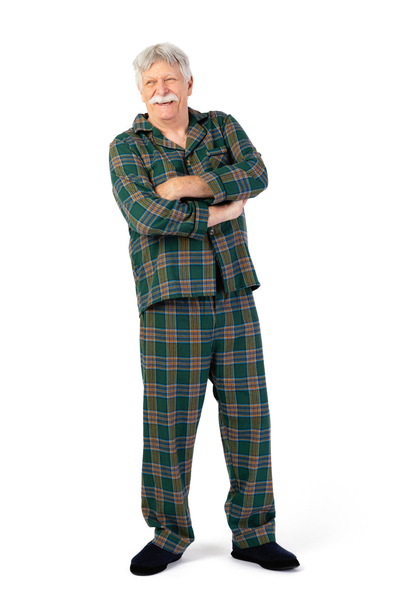 Men's Flannel Pajamas With VELCRO® Fasteners at Front by Foxfire in green and available in different sizes. This men's pajama set is part of our sleepwear collection.