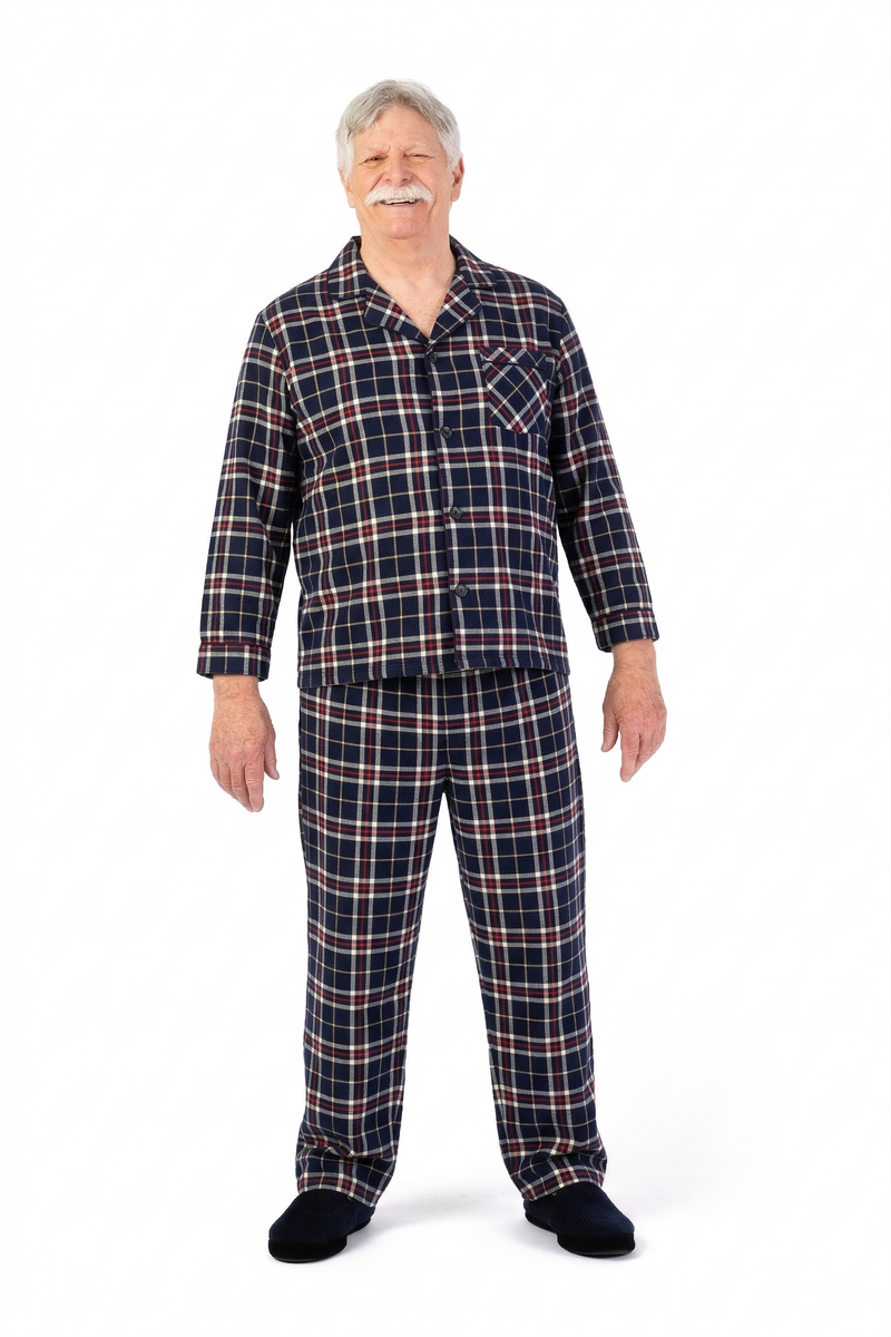 Men's Flannel Pajamas With VELCRO® Fasteners at Front by Foxfire in navy & red plaid, and available in different sizes. This men's pajama set is part of our sleepwear collection.