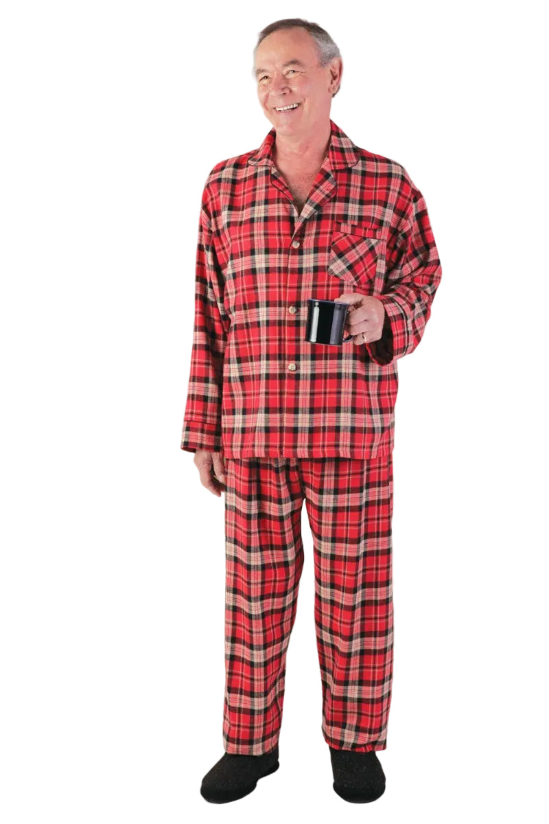 Men's Flannel Pajamas With VELCRO® Fasteners at Front by Buck & Buck in Red, and available in different sizes. This sleepwear item is part of our pajamas collection.