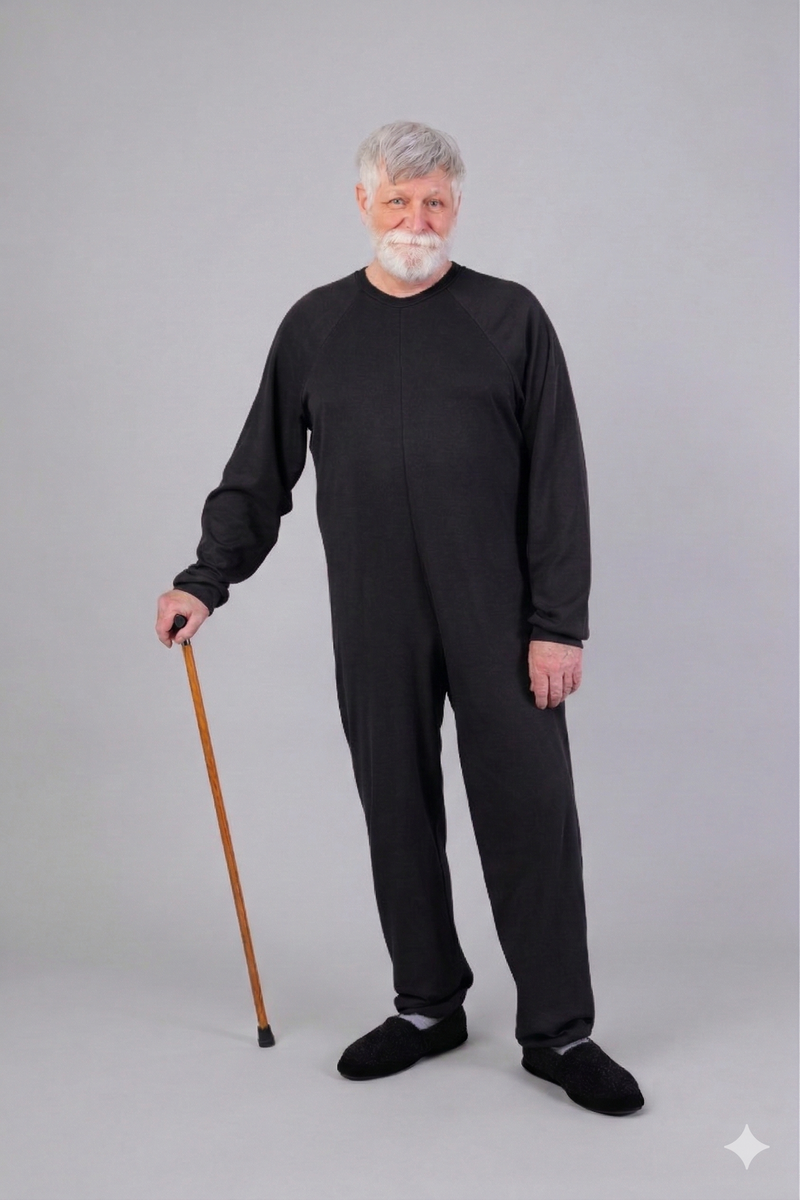 Men's Back-Zip Sleeper Suit in black by Buck & Buck, and available in different sizes. This one-piece garments item is part of our sleepwear & loungewear collection.