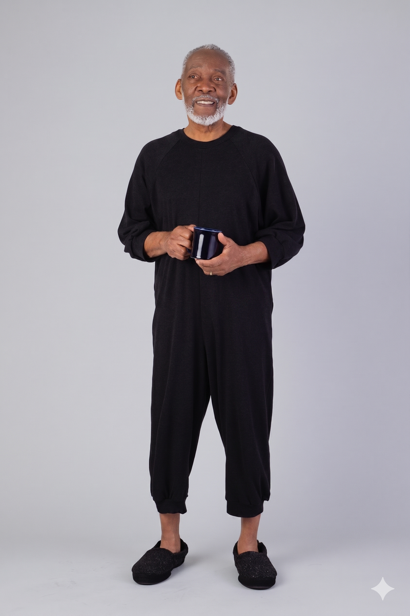 Men's Knicker Back-Zip Sleep Suit by Buck & Buck in black, and available in different sizes. This one-piece garments item is part of our sleepwear & loungewear collection.