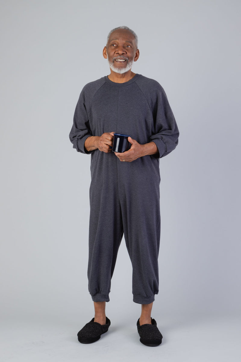 Men's Knicker Back-Zip Sleep Suit by Buck & Buck in charcoal, and available in different sizes. This one-piece garments item is part of our sleepwear & loungewear collection.
