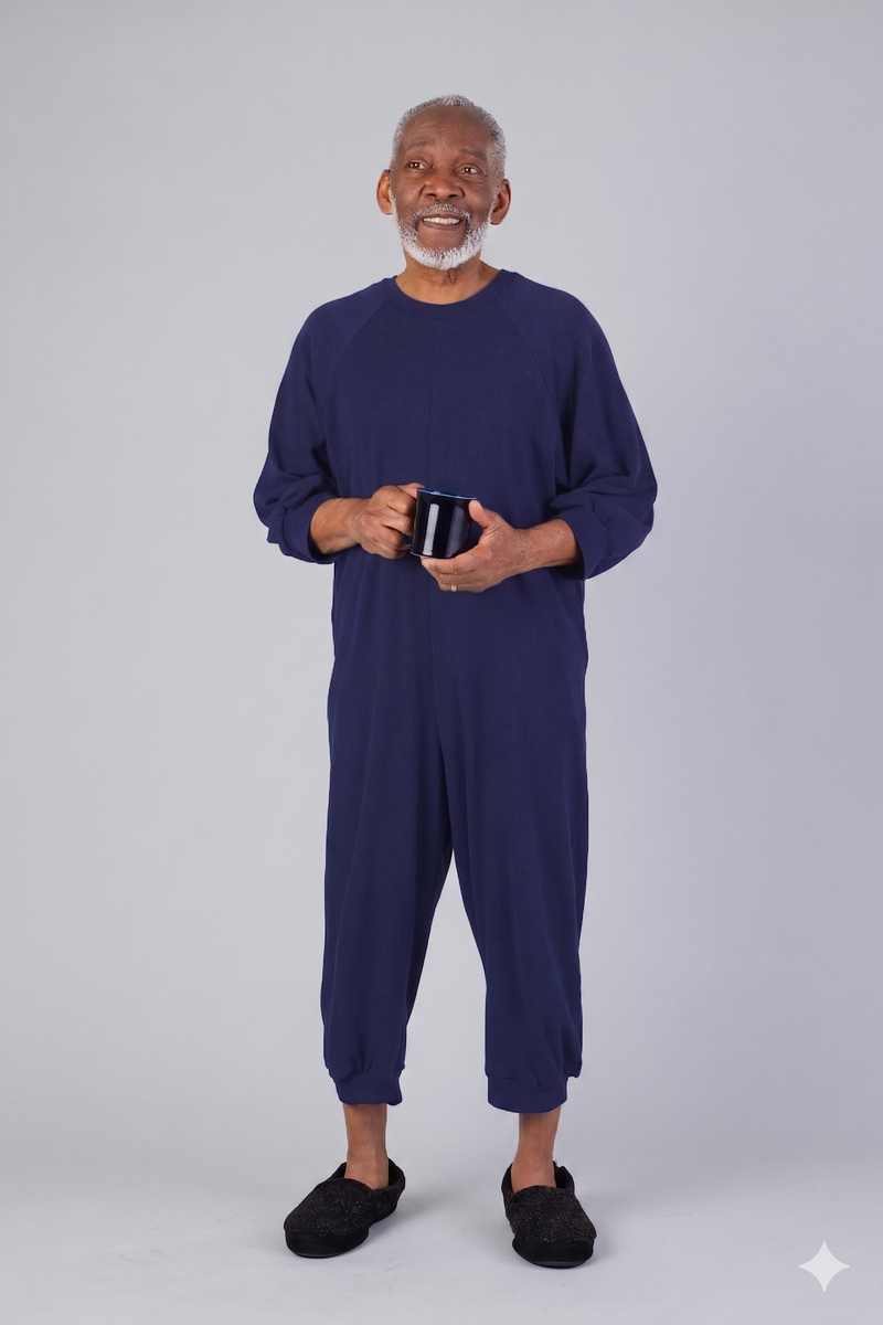 Men's Knicker Back-Zip Sleep Suit by Buck & Buck in navy, and available in different sizes. This one-piece garments item is part of our sleepwear & loungewear collection.