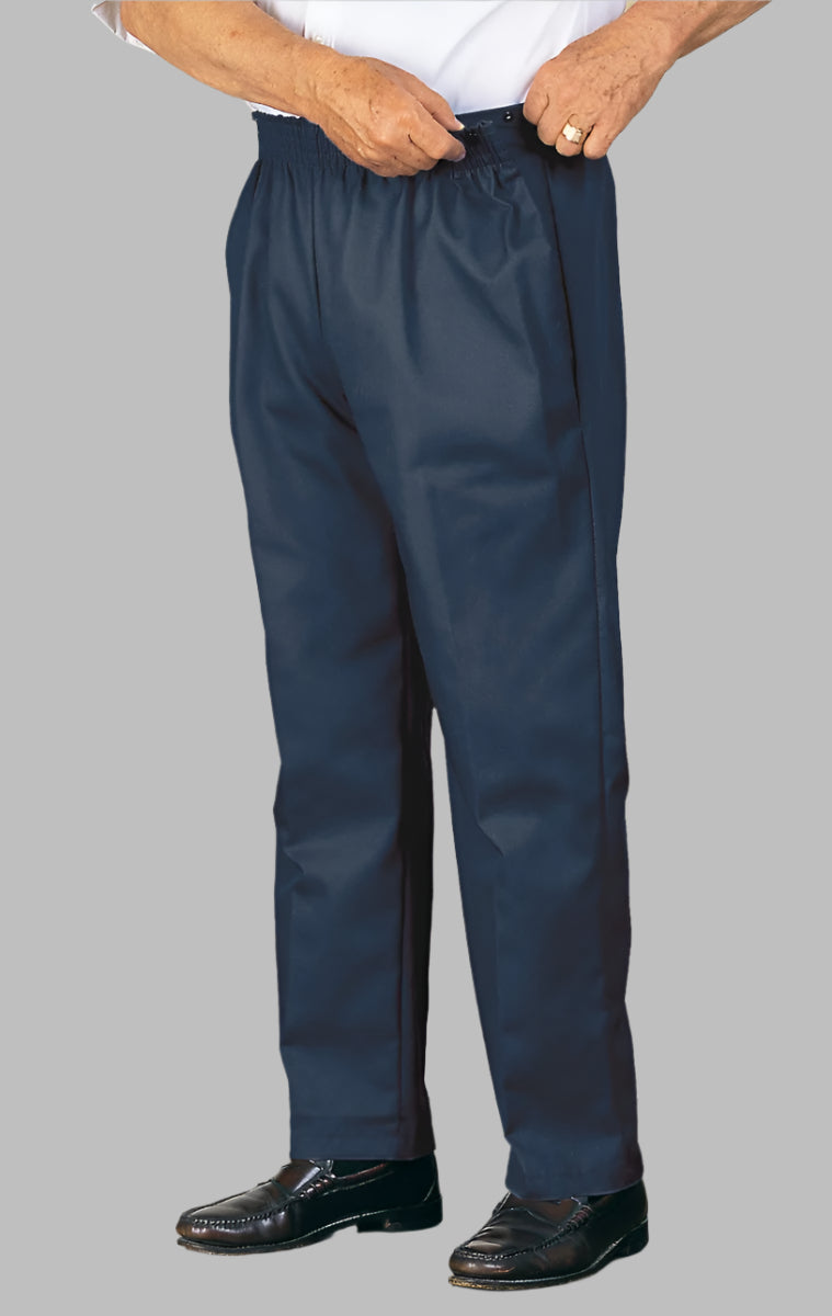 Men's Twill Side-Snap Pants by Buck & Buck in Navy, and available in different sizes. This bottoms item is part of our trousers collection.