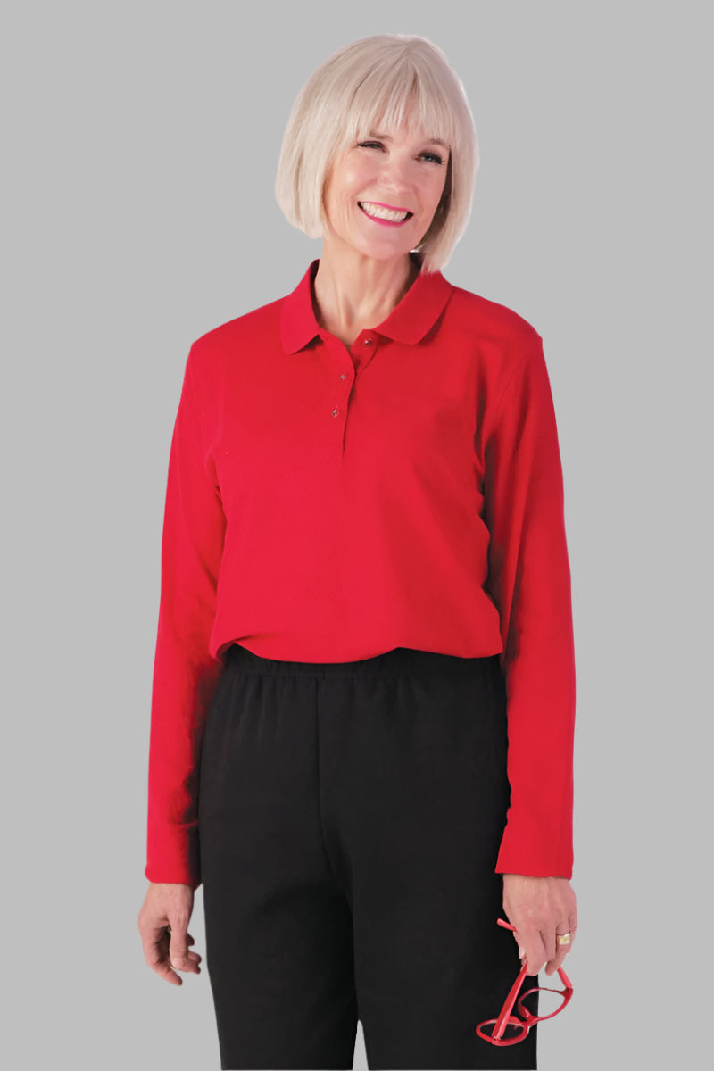 Women's Long Sleeve Polo Shirt by Buck & Buck in Red, and available in different sizes. This tops item is part of our polos collection.