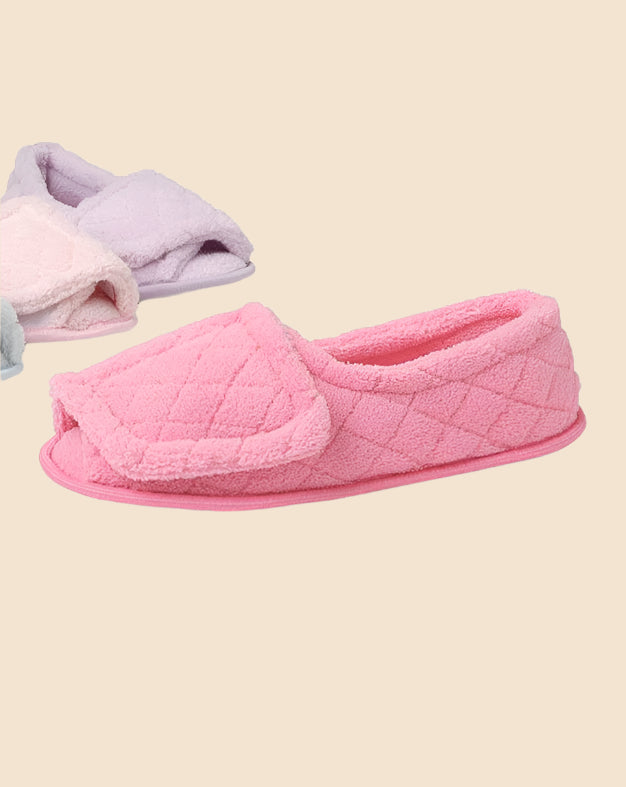 Women's Open Toe Terry Slippers by Buck & Buck in Pink, and available in different sizes. This footwear item is part of our slippers collection.