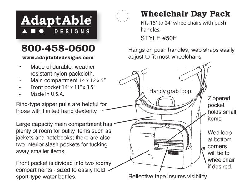 Wheelchair Day Pack by Adaptable Designs by Buck & Buck in Royal, and available only in a one-size option. This accessories & home item is part of our accessibility equipment accessories collection.