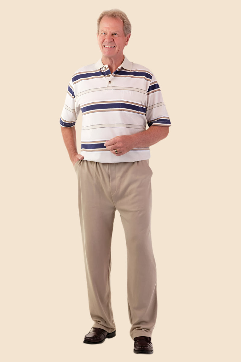 Men's Lightweight Short-Sleeve Polo Jumpsuit by Buck & Buck in Tan/Beige Top/Brown Pants, and available in different sizes. This one-piece garments item is part of our one-pieces collection.