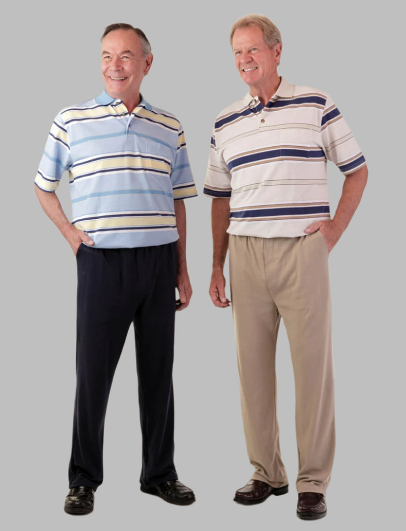 Men's Lightweight Short-Sleeve Polo Jumpsuit by Buck & Buck in Tan/Beige Top/Black Pants, and available in different sizes. This one-piece garments item is part of our one-pieces collection.