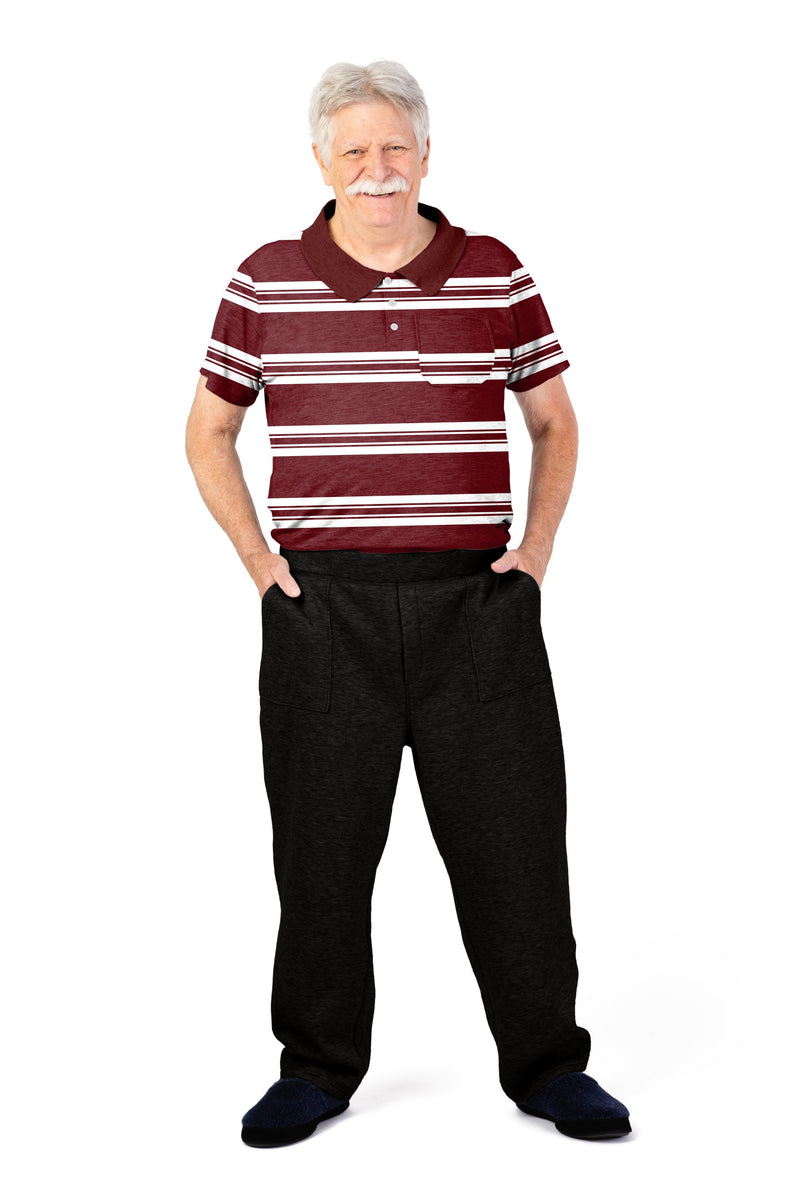 Men's Polo Jumpsuit by Buck & Buck in Burgundy Top/Black Pants, and available in different sizes. This one-piece garments item is part of our one-pieces collection.