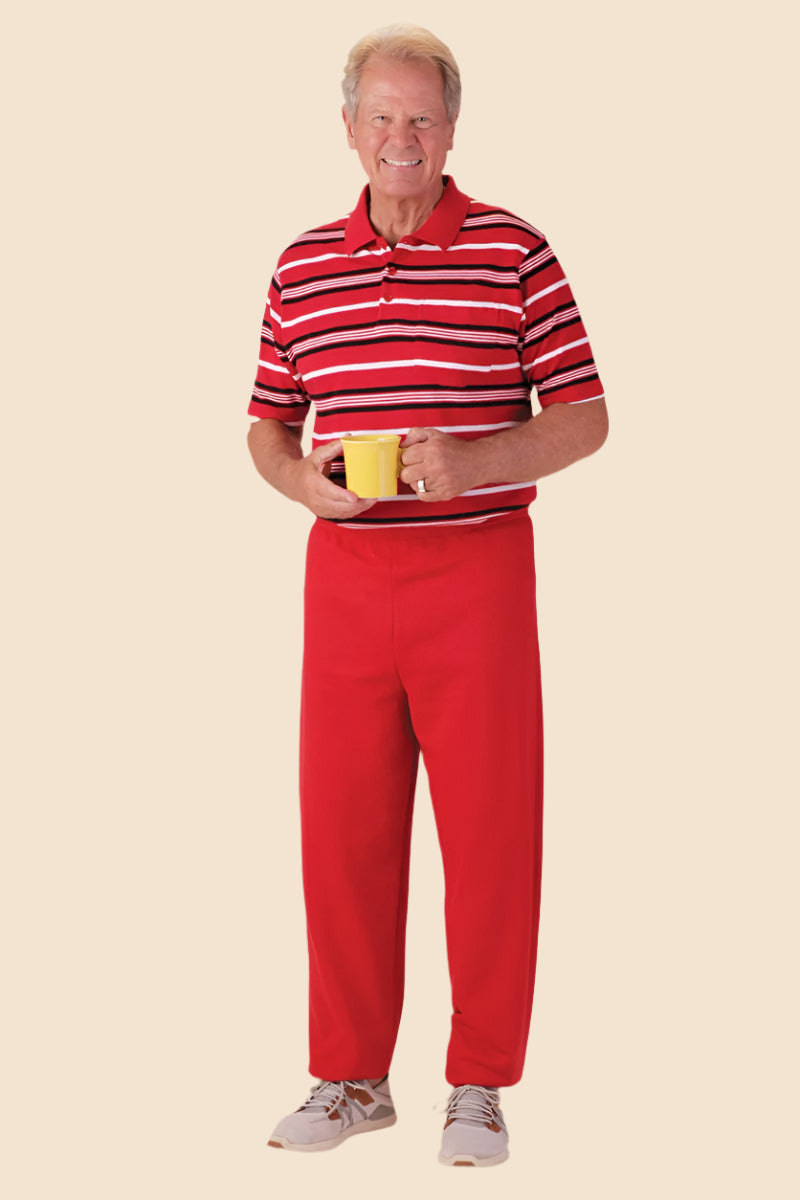 Men's Short Sleeve Polo Jumpsuit by Buck & Buck in Red Top/Black Pants, and available in different sizes. This one-piece garments item is part of our one-pieces collection.