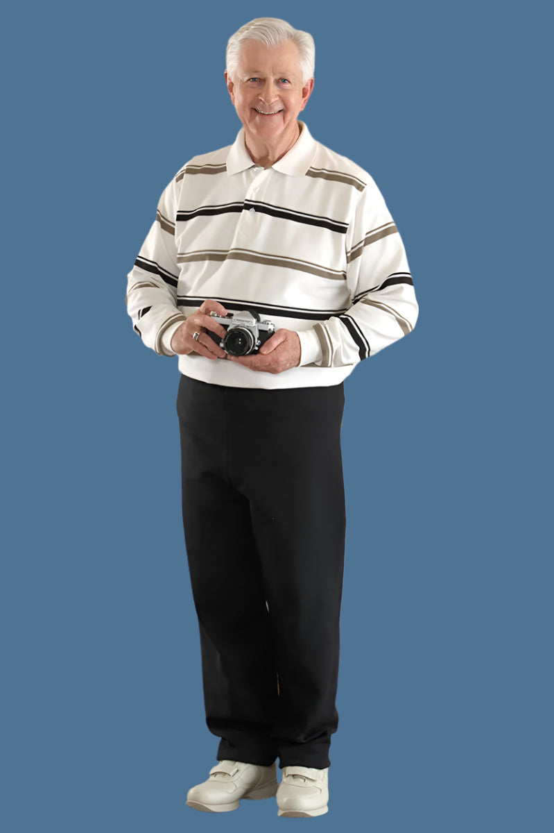 Men's Long Sleeve Polo Jumpsuit by Buck & Buck in Tan/Beige Top/Black Pants, and available in different sizes. This one-piece garments item is part of our one-pieces collection.