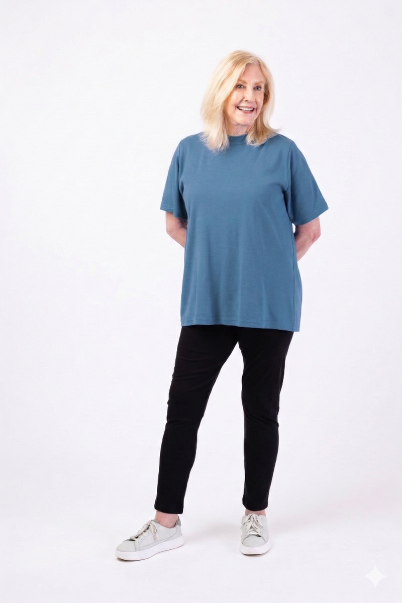 Women's Short Sleeve Wrap Back T-Shirt by Buck & Buck in blue, and available in different sizes. This tops item is part of our t-shirts collection.