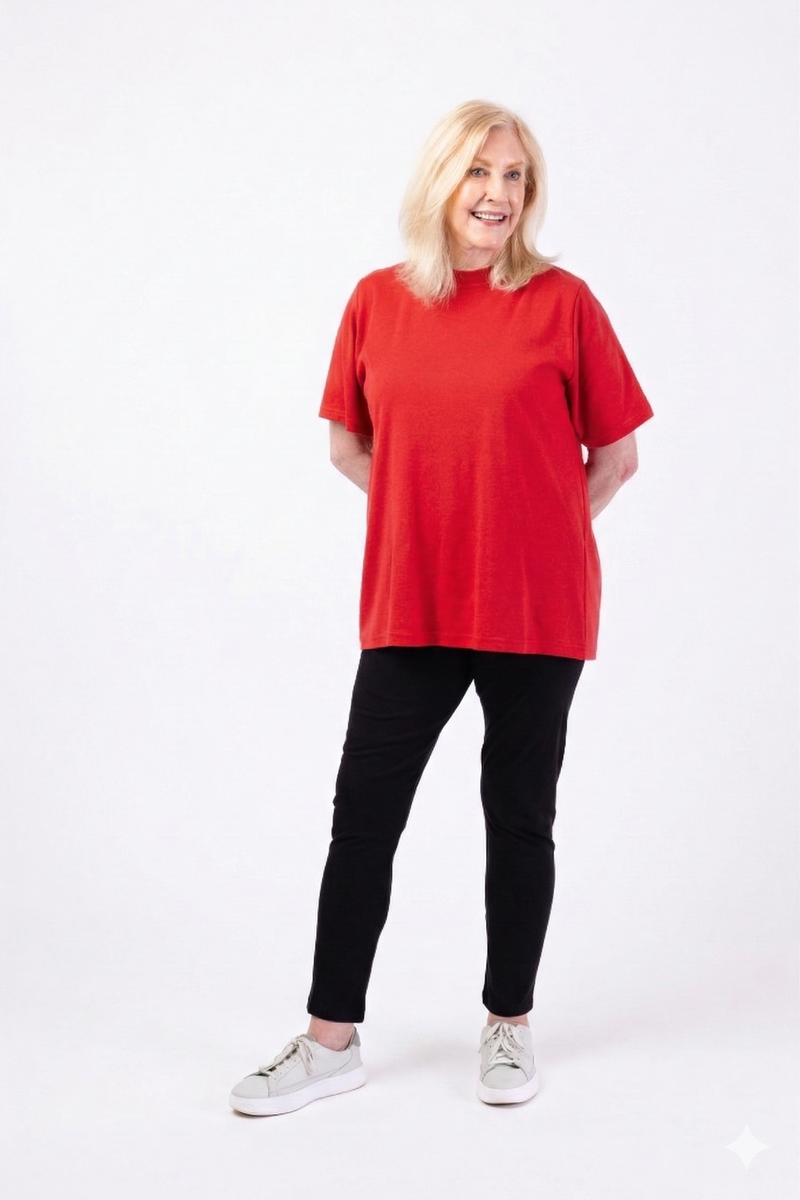 Women's Short Sleeve Wrap Back T-Shirt by Buck & Buck in red, and available in different sizes. This tops item is part of our t-shirts collection.